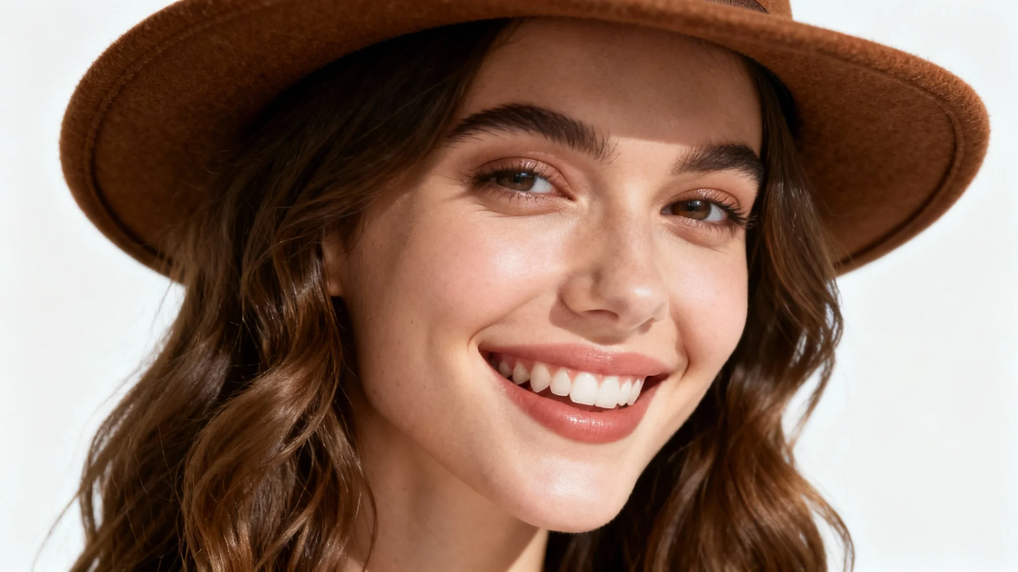 A high-quality studio portrait of a smiling woman with long hair wearing a stylish brown fedora hat against a solid white background, illustrating a photo editing feature.