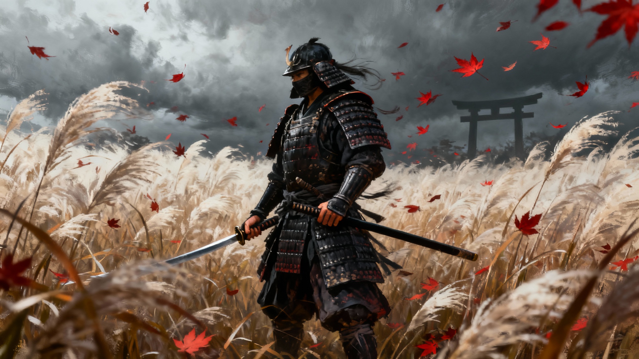 A dramatic digital painting in the style of the video game Ghost of Tsushima, featuring a lone samurai warrior standing in a windy field with swirling red leaves.