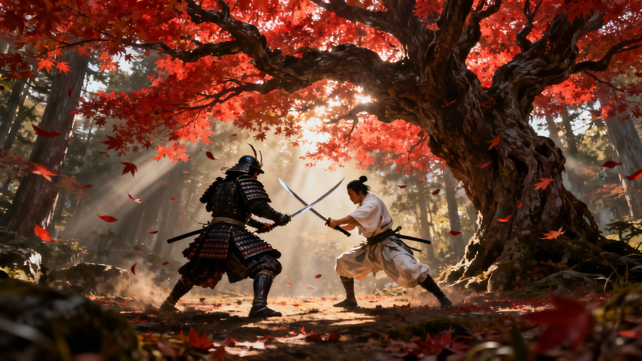 Two samurai warriors dueling with katanas under a large red maple tree in a Japanese forest, in the artistic style of Ghost of Tsushima.