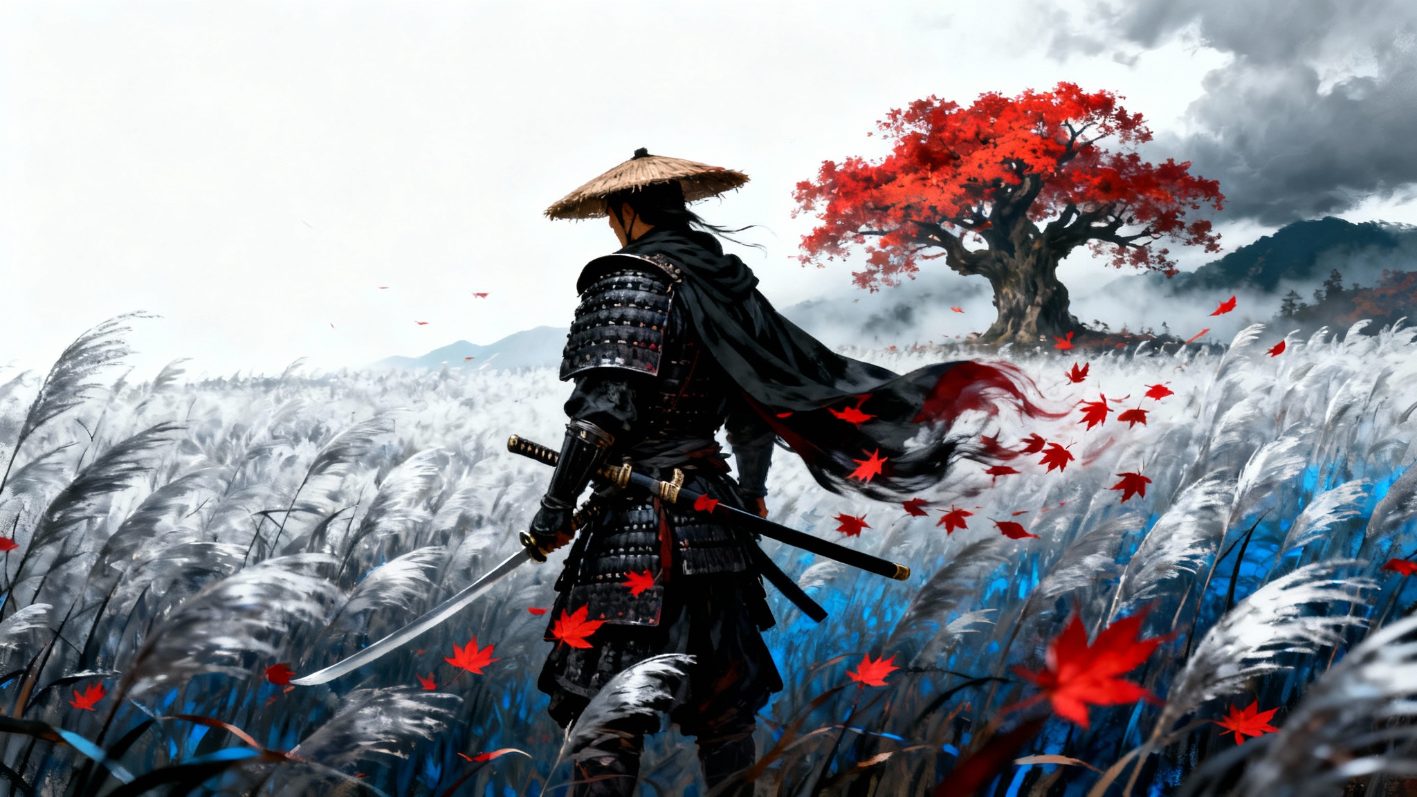 A lone samurai warrior standing in a windswept field of pampas grass, with red maple leaves swirling around him, in the beautiful, painterly art style of the video game Ghost of Tsushima.