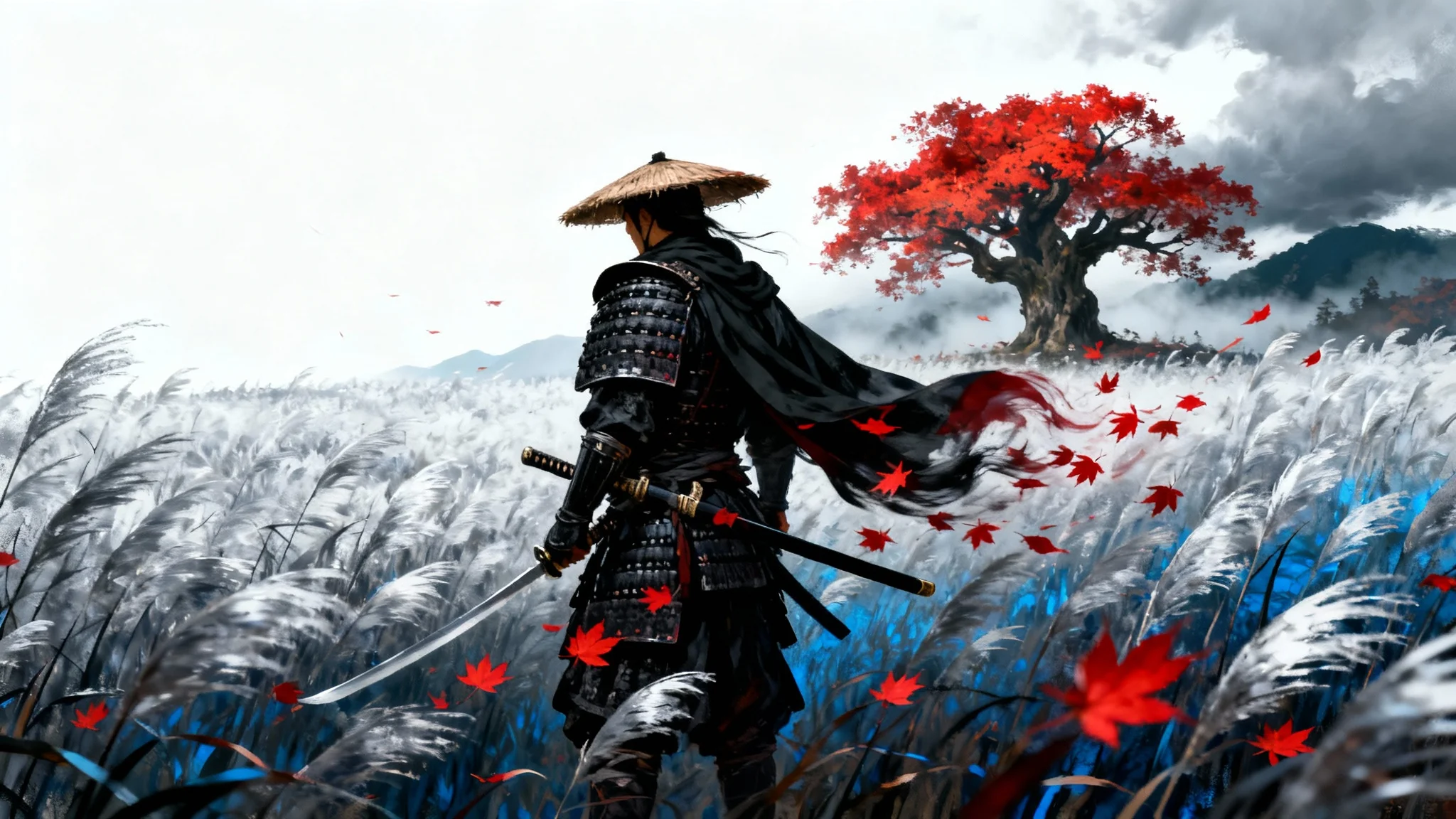 A lone samurai warrior standing in a windswept field of pampas grass, with red maple leaves swirling around him, in the beautiful, painterly art style of the video game Ghost of Tsushima.