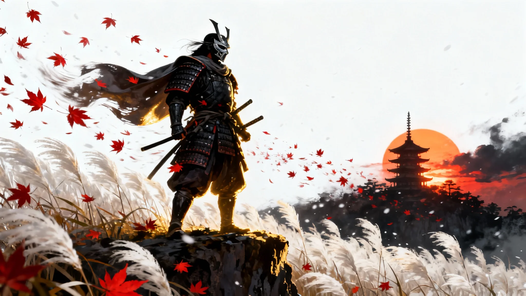 A samurai warrior in dark armor and a mask stands on a cliff amidst swirling red maple leaves, in the artistic style of the video game Ghost of Tsushima.