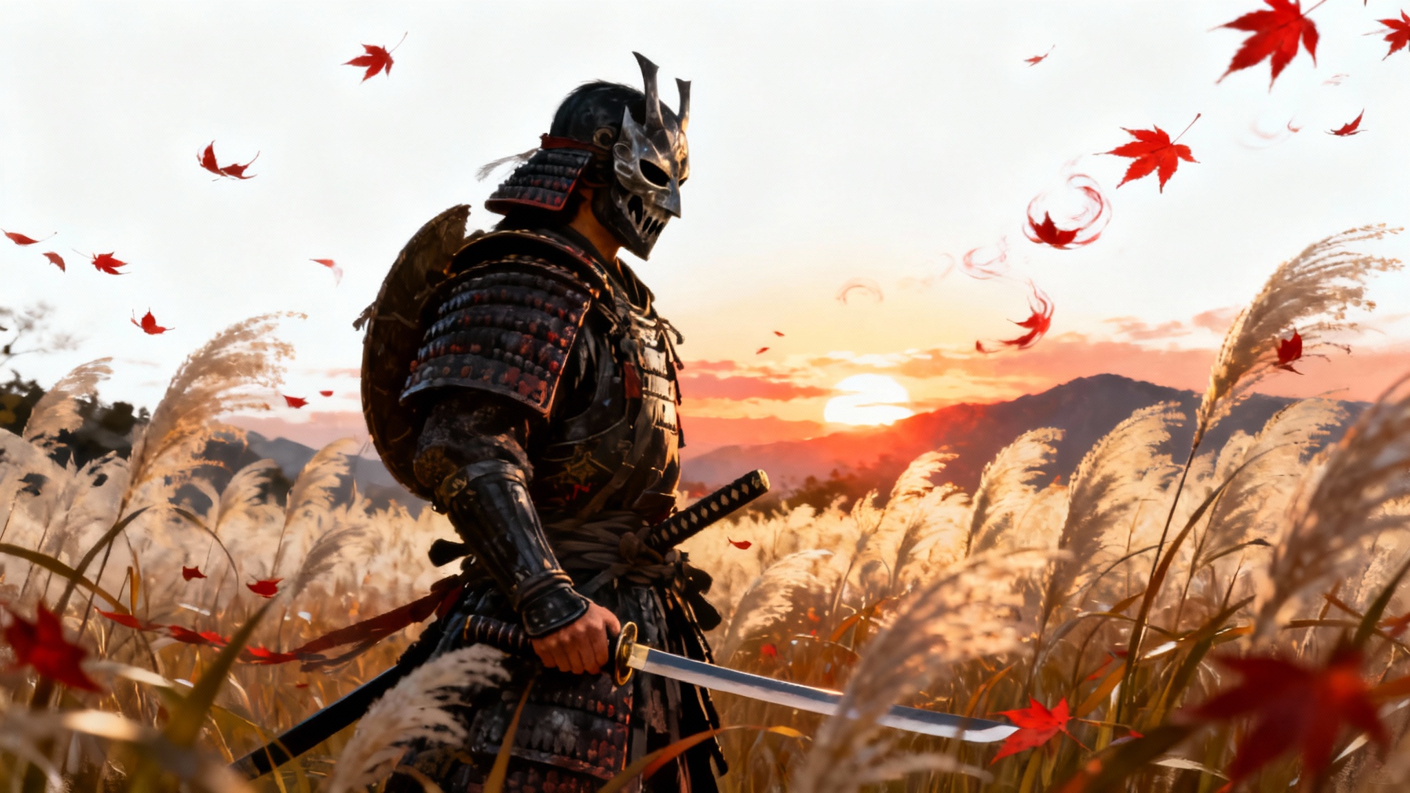 A samurai warrior in a ghost mask stands in a field of pampas grass at sunset, with red maple leaves swirling around him, in the artistic style of the video game Ghost of Tsushima.