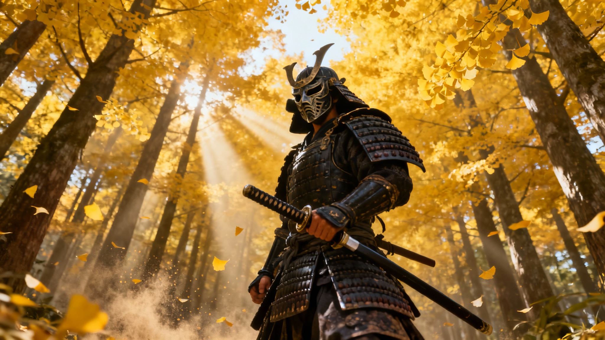 A lone samurai warrior in dark, detailed armor stands in a sun-dappled forest of yellow ginkgo trees, his hand resting on the hilt of his katana.