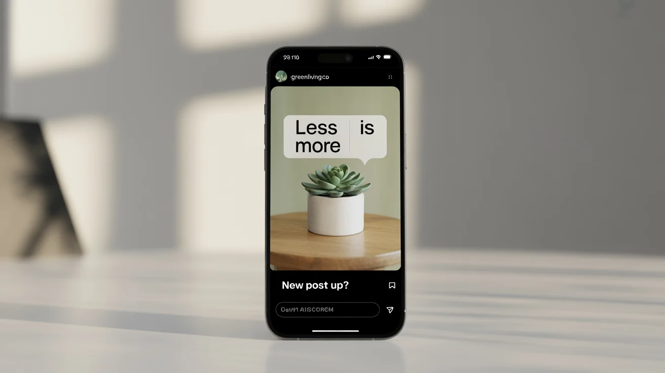 A smartphone displaying a finished Instagram Story design. The story shows a picture of a succulent and includes designed text that reads 'Less is more' and an interactive poll sticker.