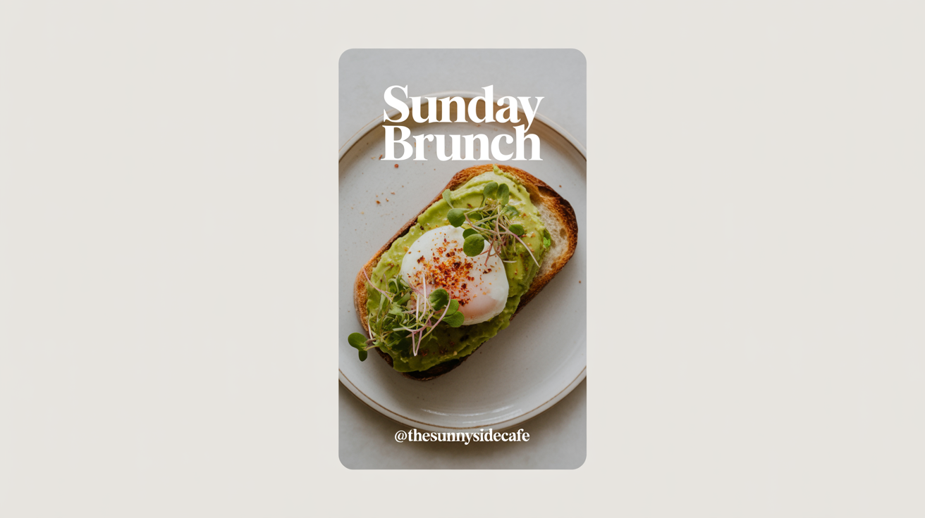 A mockup of an Instagram story showing a photo of avocado toast. The text 'Sunday Brunch' and '@TheSunnySideCafe' is overlaid on the image, which is presented against a plain white background.