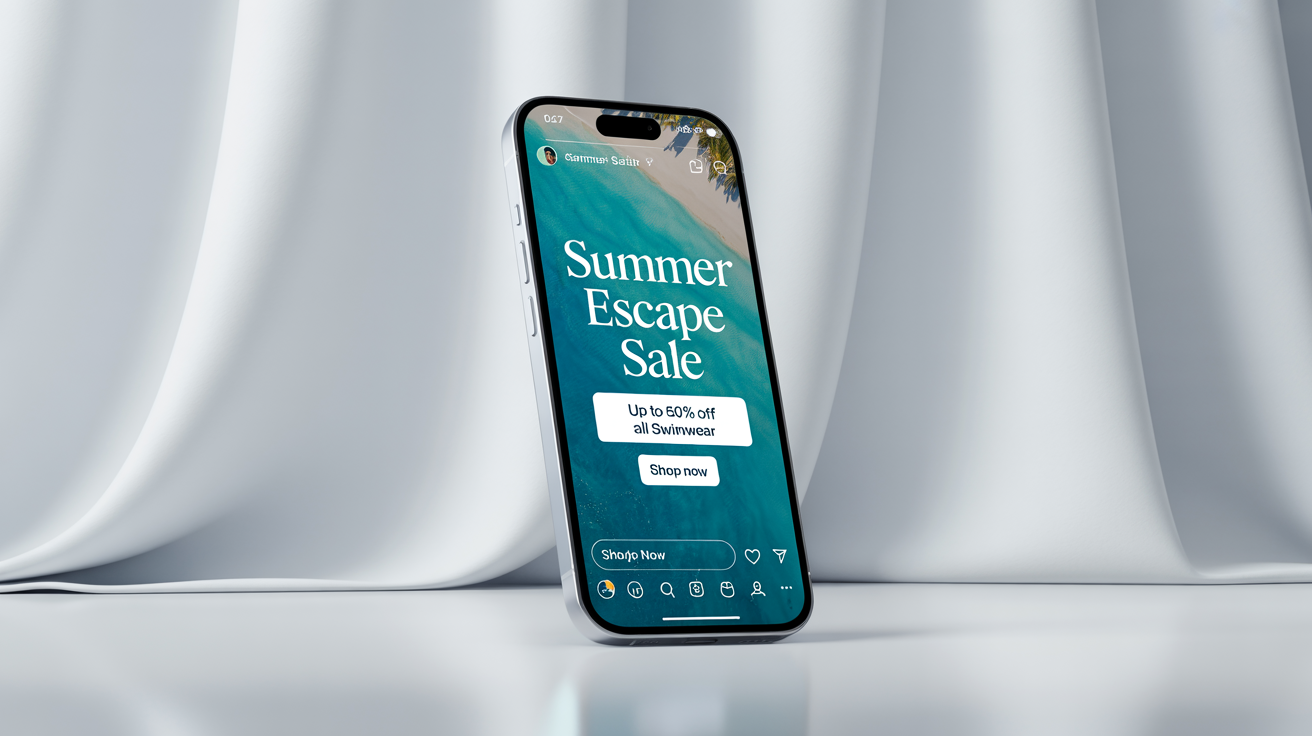 A mockup of a smartphone displaying a vibrant Instagram story for a 'Summer Escape Sale' on swimwear, set against a clean white background.