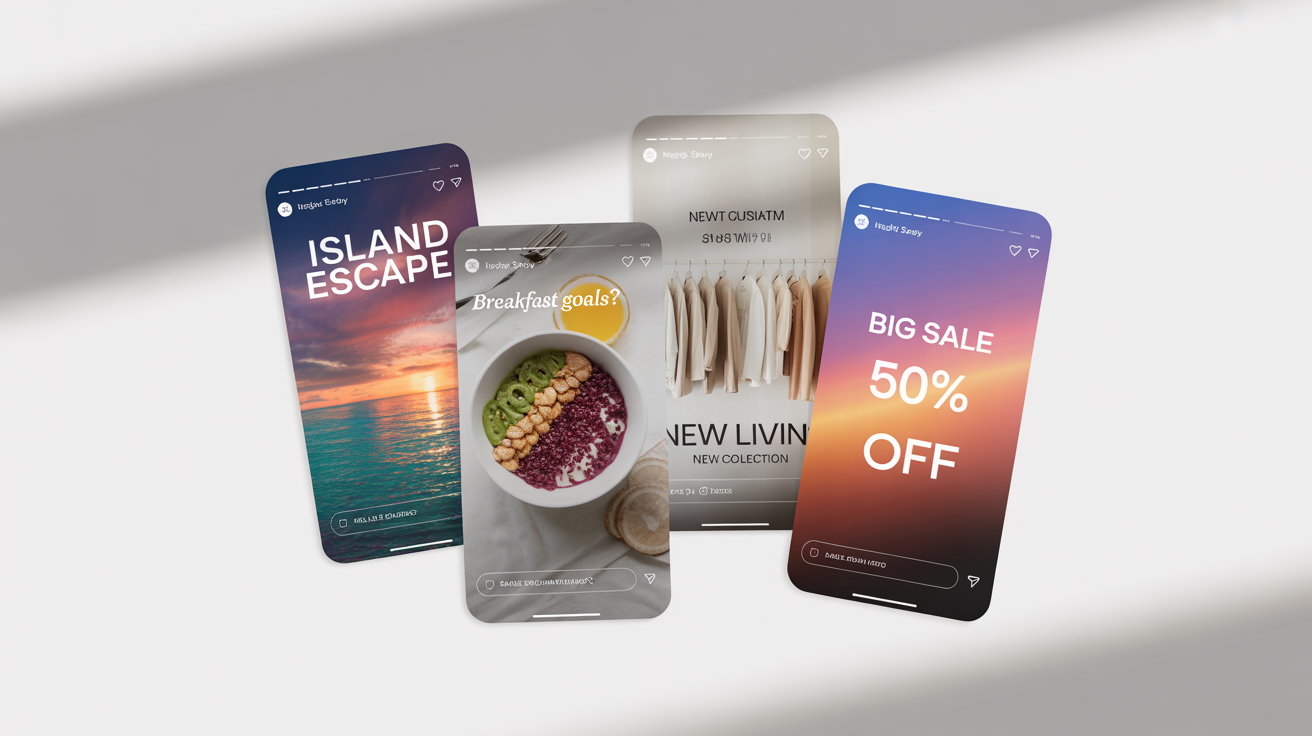 A mockup of four different Instagram Story designs, including travel, food, fashion, and a sale announcement, displayed against a plain white background.
