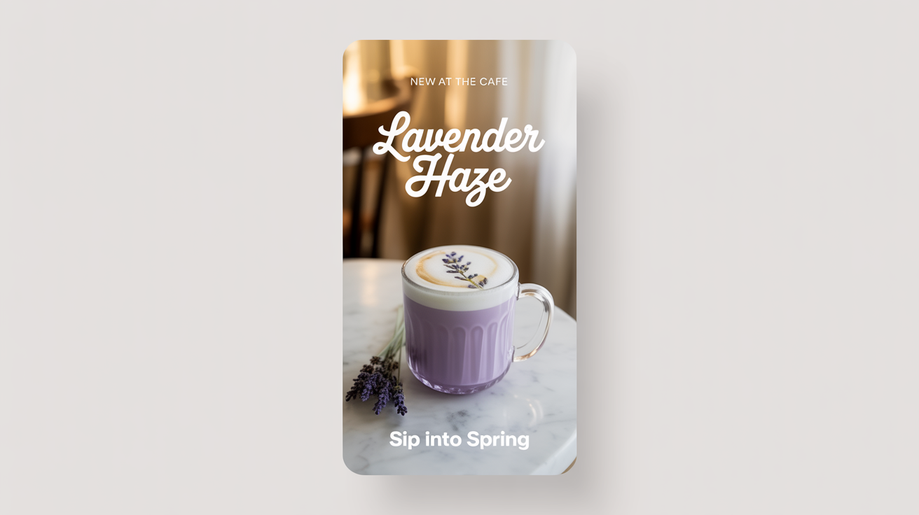 A mockup of a trendy Instagram story for a coffee shop, advertising a new 'Lavender Haze Latte' with professional photography and stylish text.