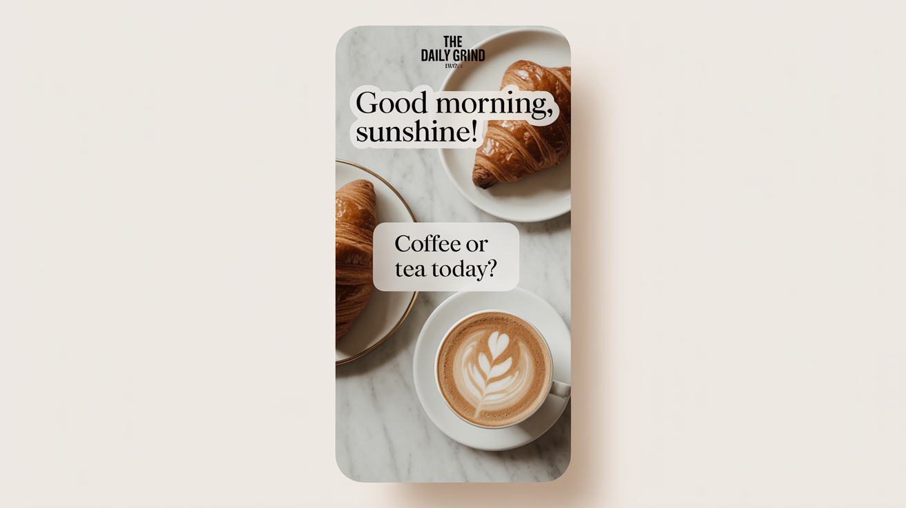 A mockup of a visually appealing Instagram story for a coffee shop, featuring a latte and a croissant with the text 'Good Morning, Sunshine!' and a poll.