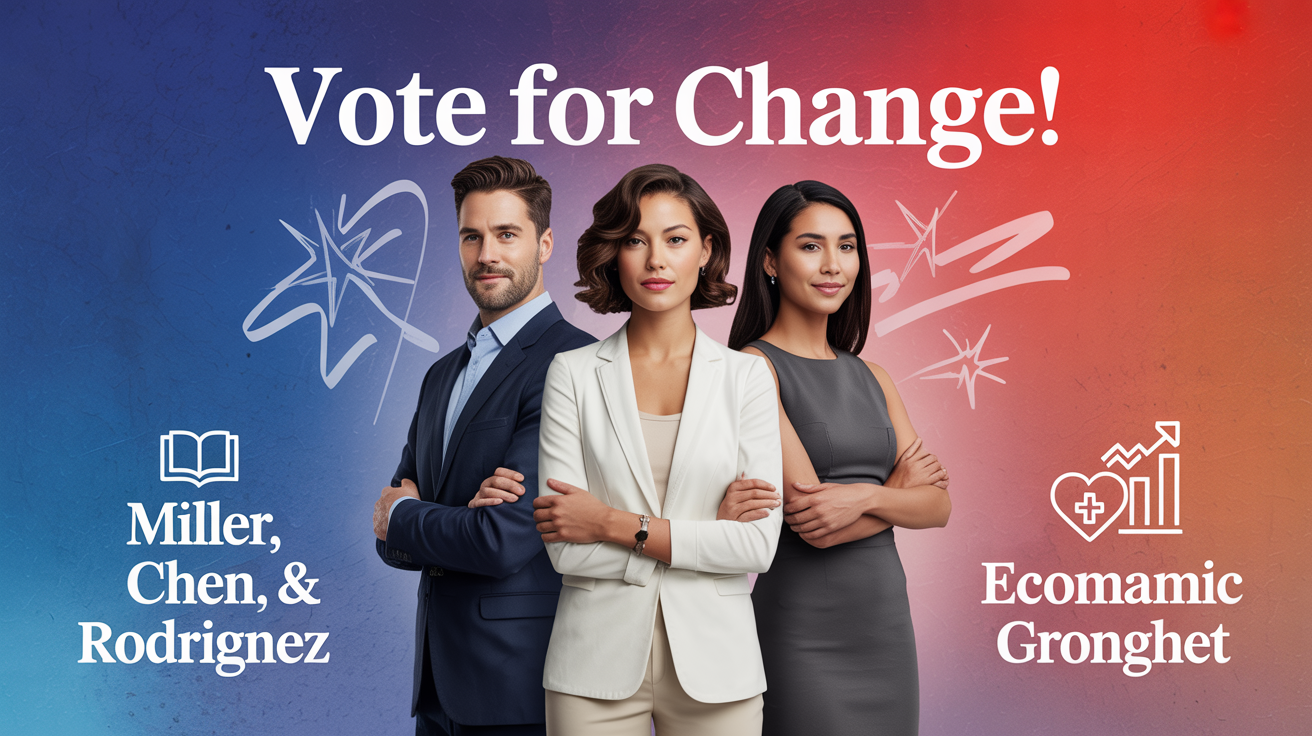 A polished 16:9 political campaign banner showing the final design. It features three diverse candidates, the text 'Vote for Change!', and icons for key political issues against a red, white, and blue background.