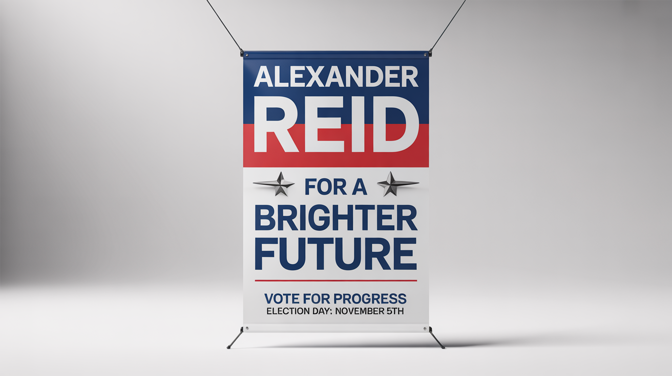 A professional political banner mockup for a candidate named 'Alexander Reid'. The design is red, white, and blue, with the slogan 'For a Brighter Future' and details for a November 5th election.