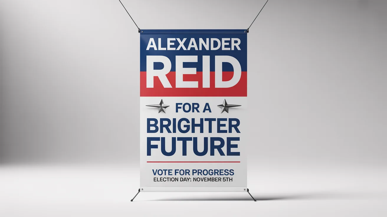 A professional political banner mockup for a candidate named 'Alexander Reid'. The design is red, white, and blue, with the slogan 'For a Brighter Future' and details for a November 5th election.