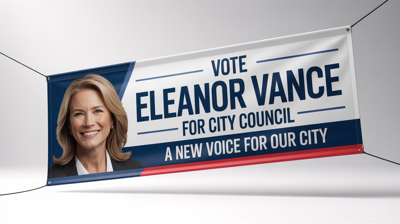A political campaign banner mockup for candidate 'Eleanor Vance for City Council', featuring her professional photo and the slogan 'A New Voice for Our City', set against a white background.