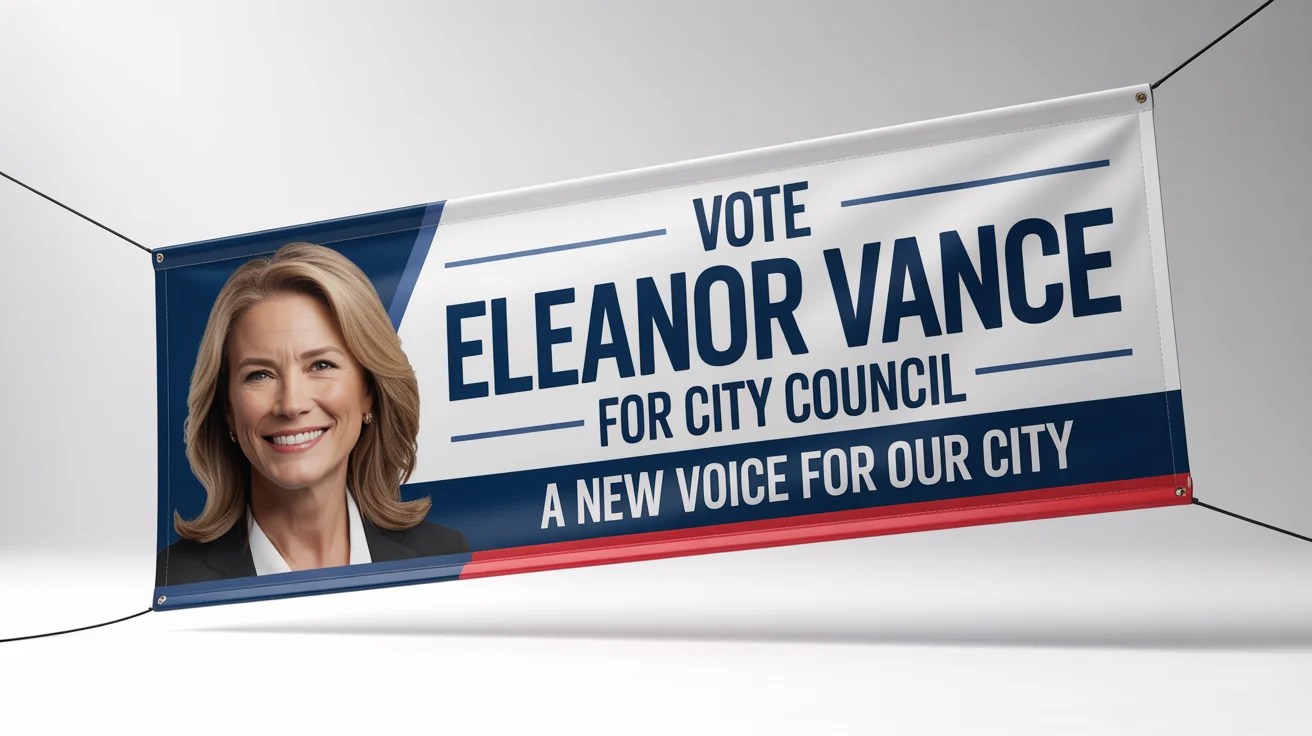A political campaign banner mockup for candidate 'Eleanor Vance for City Council', featuring her professional photo and the slogan 'A New Voice for Our City', set against a white background.