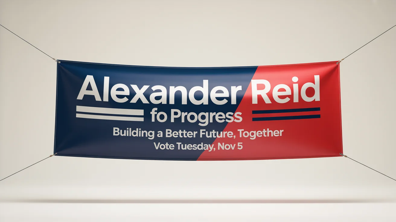 A mockup of a modern political banner for a candidate named 'Alexander Reid for Progress', with the slogan 'Building a Better Future, Together', set against a white background.