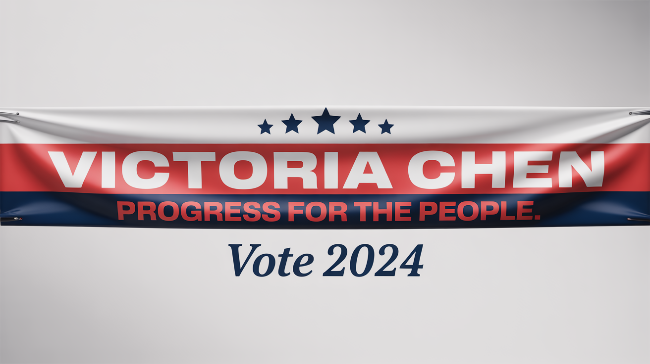 A professional political banner mockup for candidate 'Victoria Chen' with the slogan 'Progress for the People', set against a plain white background.