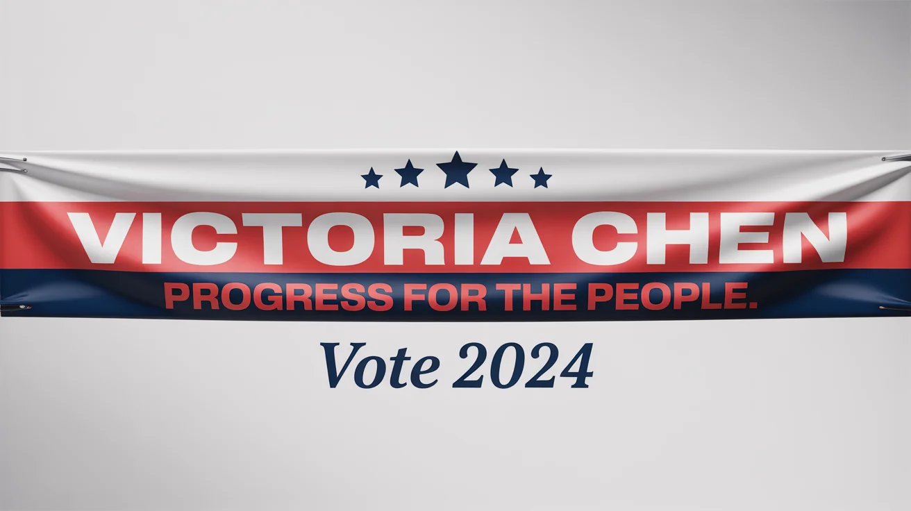 A professional political banner mockup for candidate 'Victoria Chen' with the slogan 'Progress for the People', set against a plain white background.