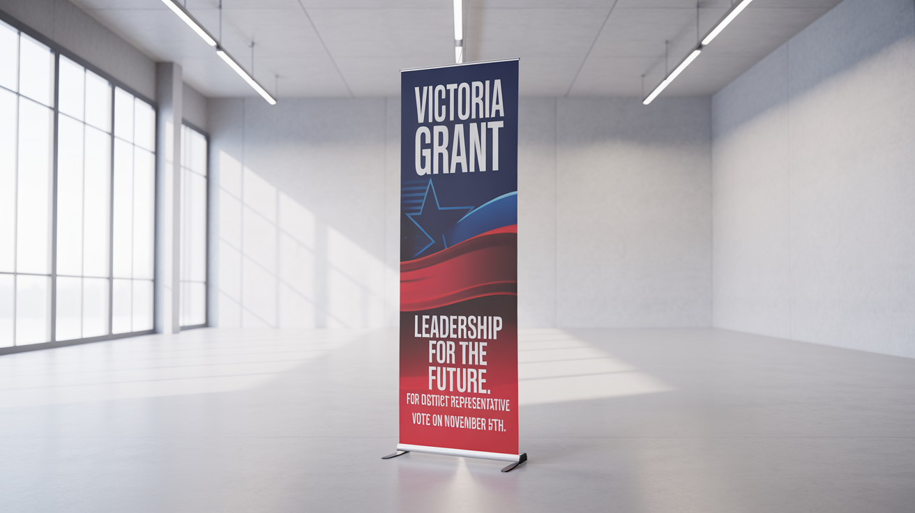 A professional mockup of a vertical political campaign banner for a fictional candidate named Victoria Grant, set against a clean white background.