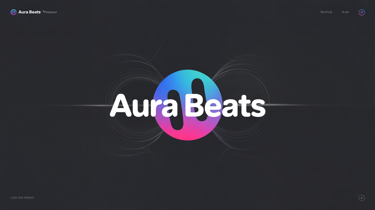 A professionally designed logo for a music producer named 'Aura Beats', featuring a glowing blue and magenta circular waveform icon on a dark background.