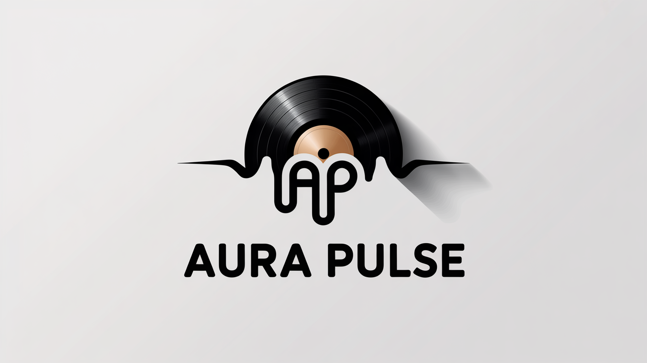 A professional logo for a music producer named 'Aura Pulse'. The design shows a black vinyl record with gold soundwave grooves and the initials 'AP' in the center, all on a white background.