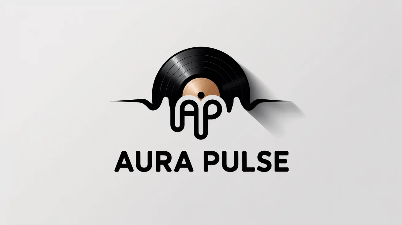A professional logo for a music producer named 'Aura Pulse'. The design shows a black vinyl record with gold soundwave grooves and the initials 'AP' in the center, all on a white background.