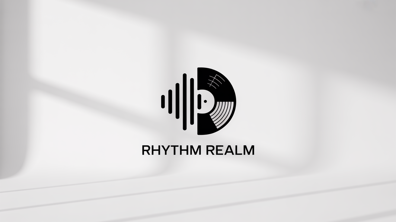 A modern, minimalist black logo for a music producer, featuring a vinyl record and sound wave emblem with the text 'Rhythm Realm' below it, on a clean white background.