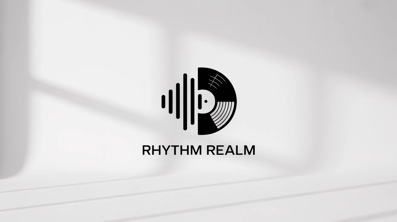 A modern, minimalist black logo for a music producer, featuring a vinyl record and sound wave emblem with the text 'Rhythm Realm' below it, on a clean white background.