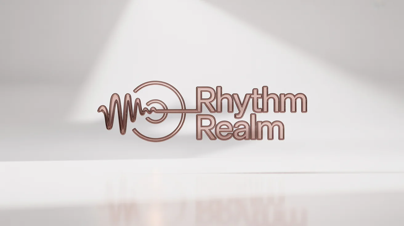 A professional mockup of a music producer logo for 'Rhythm Realm', featuring a rose gold vinyl record and sound wave icon next to the brand name on a white background.