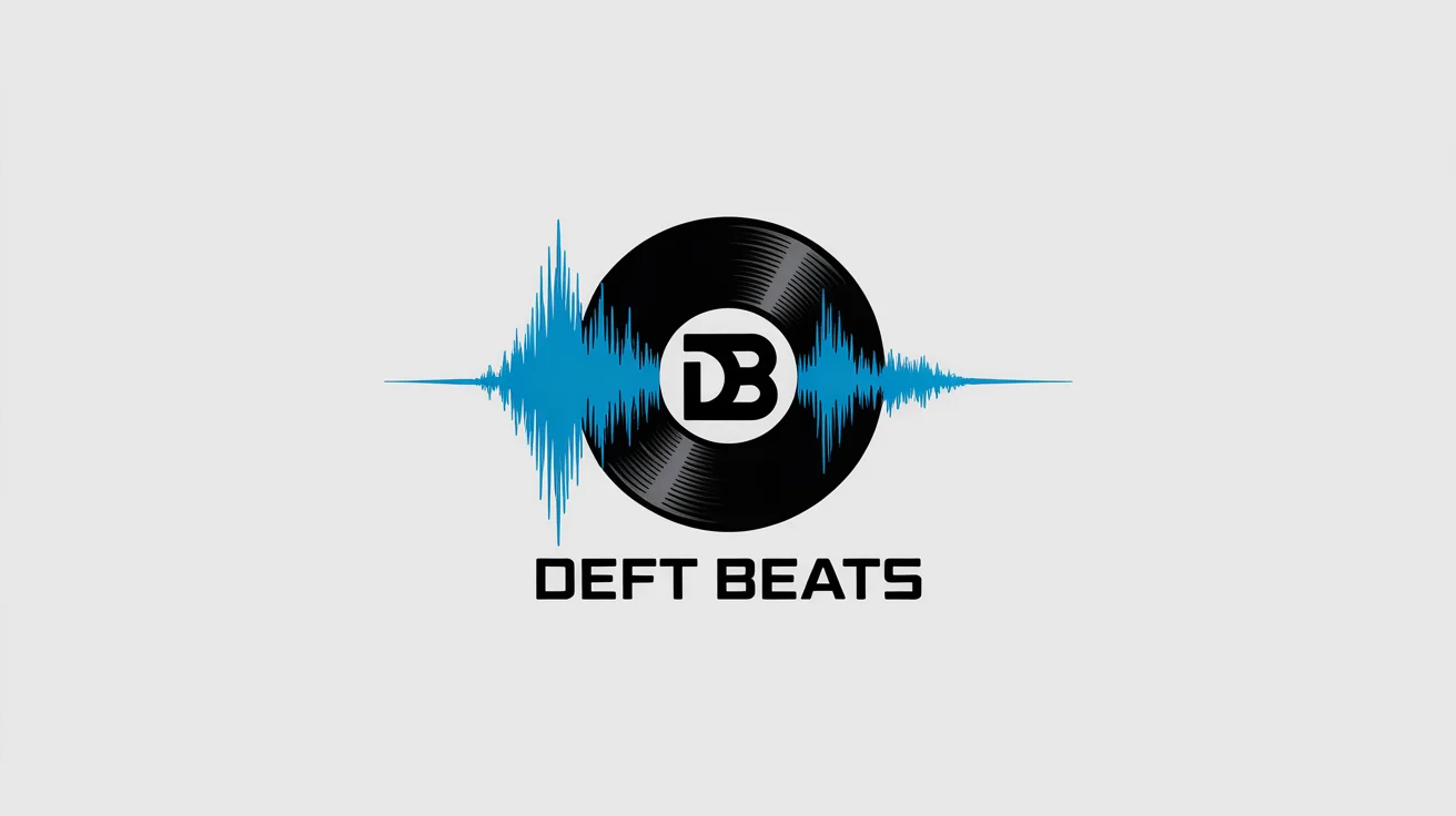 A professional logo for a music producer named 'Deft Beats', featuring an emblem of a vinyl record and a blue sound wave, presented on a clean white background.