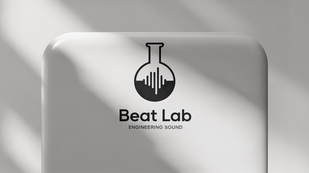 A modern, professional logo for a music producer named 'Beat Lab'. The logo features a black audio waveform inside a beaker, set against a clean white background with the text 'Beat Lab Engineering Sound' below.