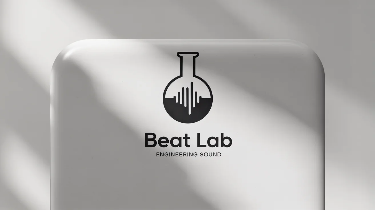 A modern, professional logo for a music producer named 'Beat Lab'. The logo features a black audio waveform inside a beaker, set against a clean white background with the text 'Beat Lab Engineering Sound' below.