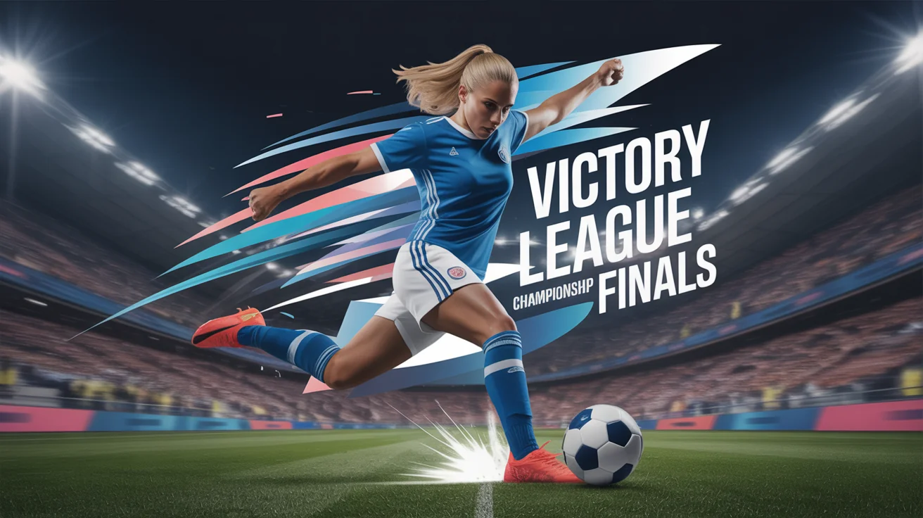 A professionally designed sports poster for the 'Victory League Championship Finals', featuring a dynamic female soccer player mid-kick. The design incorporates bold text, motion effects, and dramatic lighting for a high-energy feel.