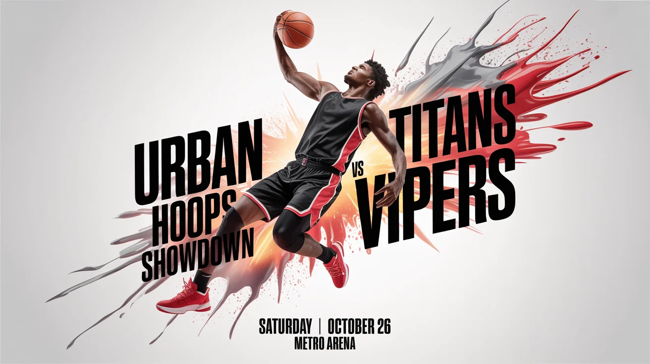 A modern basketball tournament poster mockup for the 'Urban Hoops Showdown', featuring a player dunking amidst red and black graphic elements against a white background.