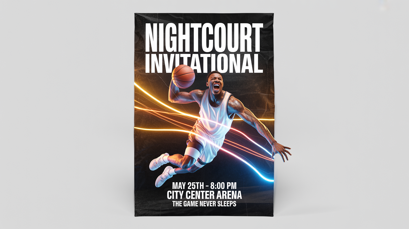 A professional mockup of a modern basketball tournament poster for the 'Nightcourt Invitational'. The poster features a player mid-dunk against a dark, energetic background and is displayed on a plain white surface.