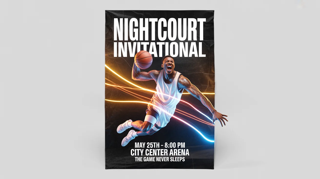 A professional mockup of a modern basketball tournament poster for the 'Nightcourt Invitational'. The poster features a player mid-dunk against a dark, energetic background and is displayed on a plain white surface.