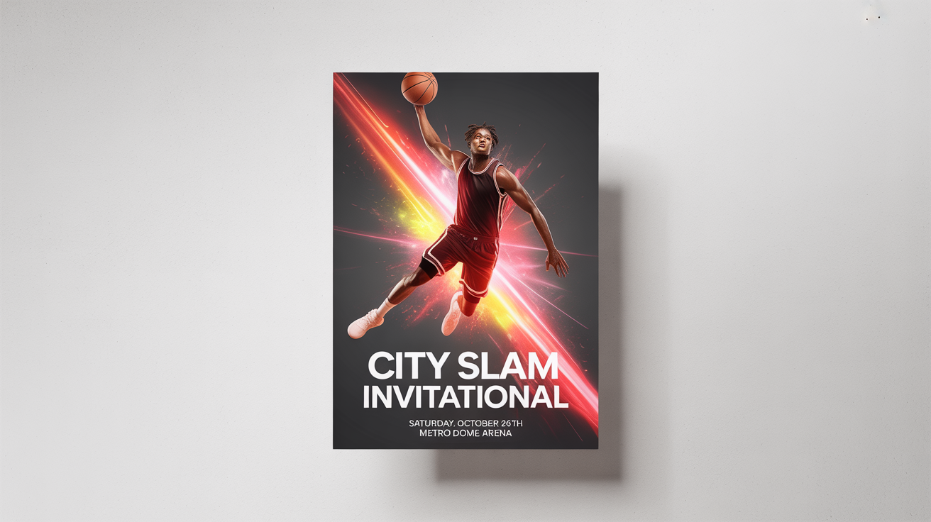A mockup of a modern basketball tournament poster featuring a player mid-dunk. The poster, with text 'CITY SLAM INVITATIONAL', is displayed against a clean white background.
