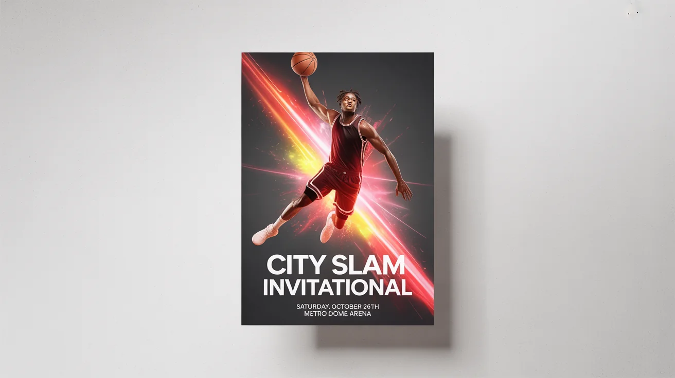 A mockup of a modern basketball tournament poster featuring a player mid-dunk. The poster, with text 'CITY SLAM INVITATIONAL', is displayed against a clean white background.