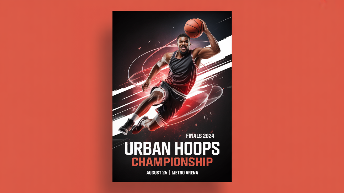 A professional sports poster mockup for a basketball championship called 'Urban Hoops Championship', showing a player dunking against a dark, graphic background. The poster is displayed on a white surface.
