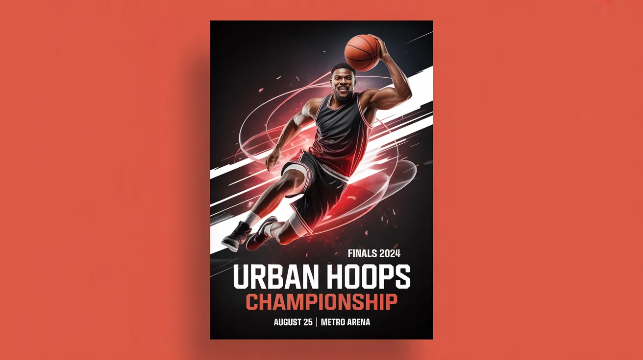 A professional sports poster mockup for a basketball championship called 'Urban Hoops Championship', showing a player dunking against a dark, graphic background. The poster is displayed on a white surface.