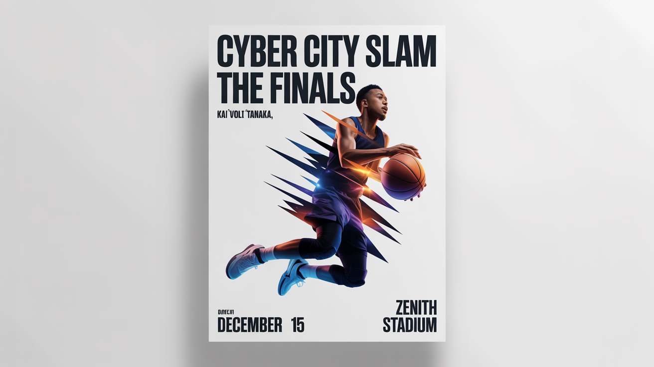 A mockup of a modern sports poster for a basketball event called 'Cyber City Slam', featuring a player in mid-air against a graphic background. The poster is shown on a white background.