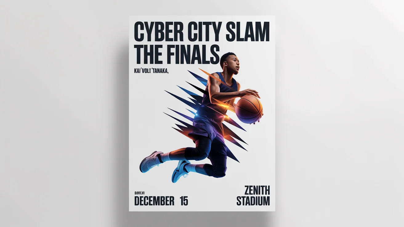 A mockup of a modern sports poster for a basketball event called 'Cyber City Slam', featuring a player in mid-air against a graphic background. The poster is shown on a white background.