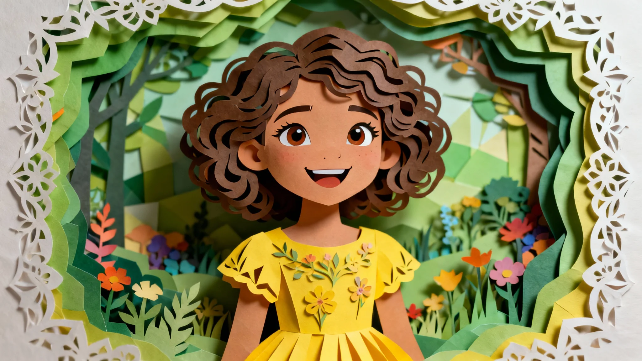 A finished, beautifully crafted paper cutout portrait of a young girl with curly hair in a yellow dress, set against a whimsical garden background made of layered paper. The artwork demonstrates a professional and artistic final result.
