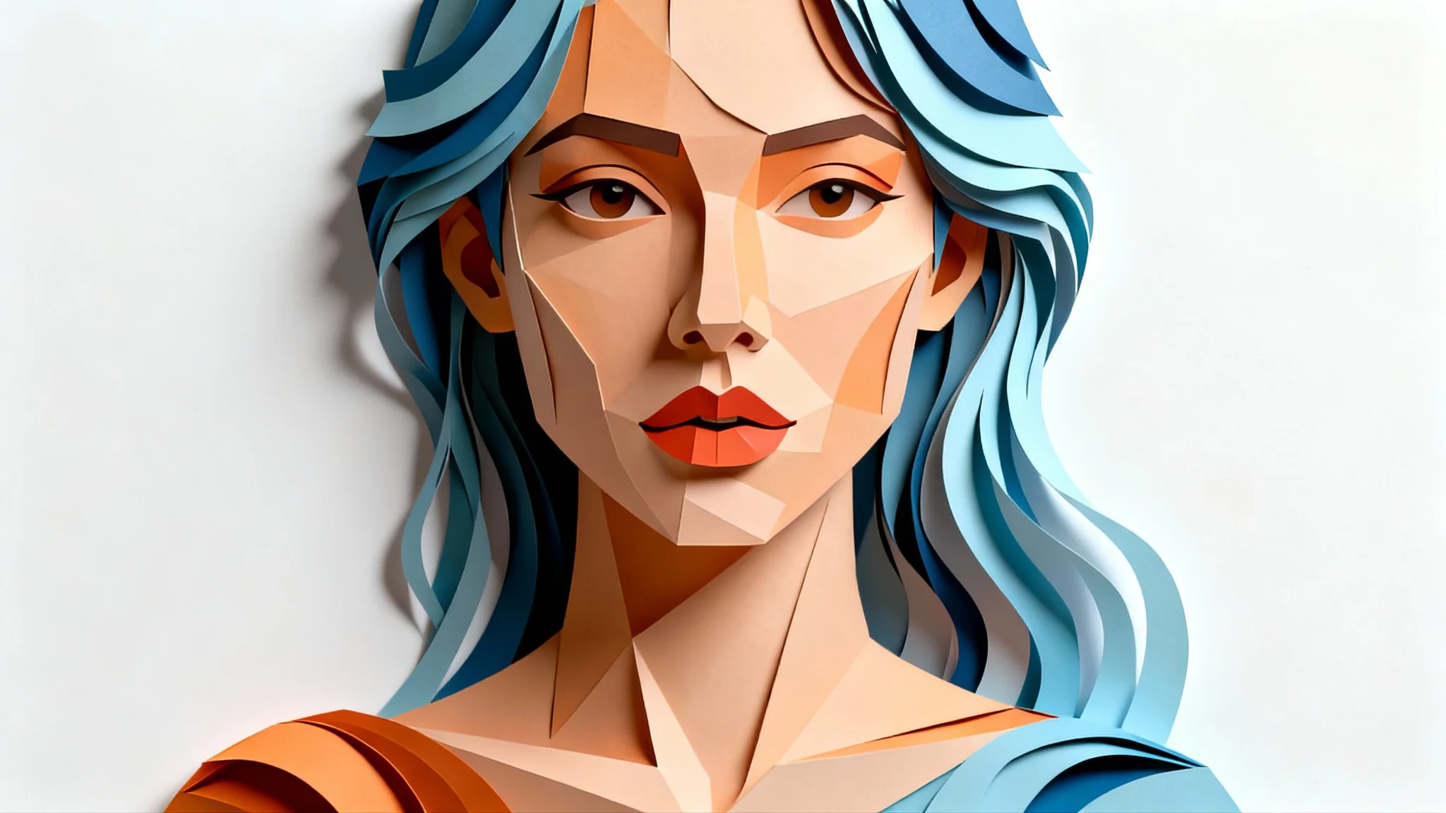 A detailed paper cutout portrait of a person, showcasing layers of colorful paper to form their face and hair, set against a plain white background.