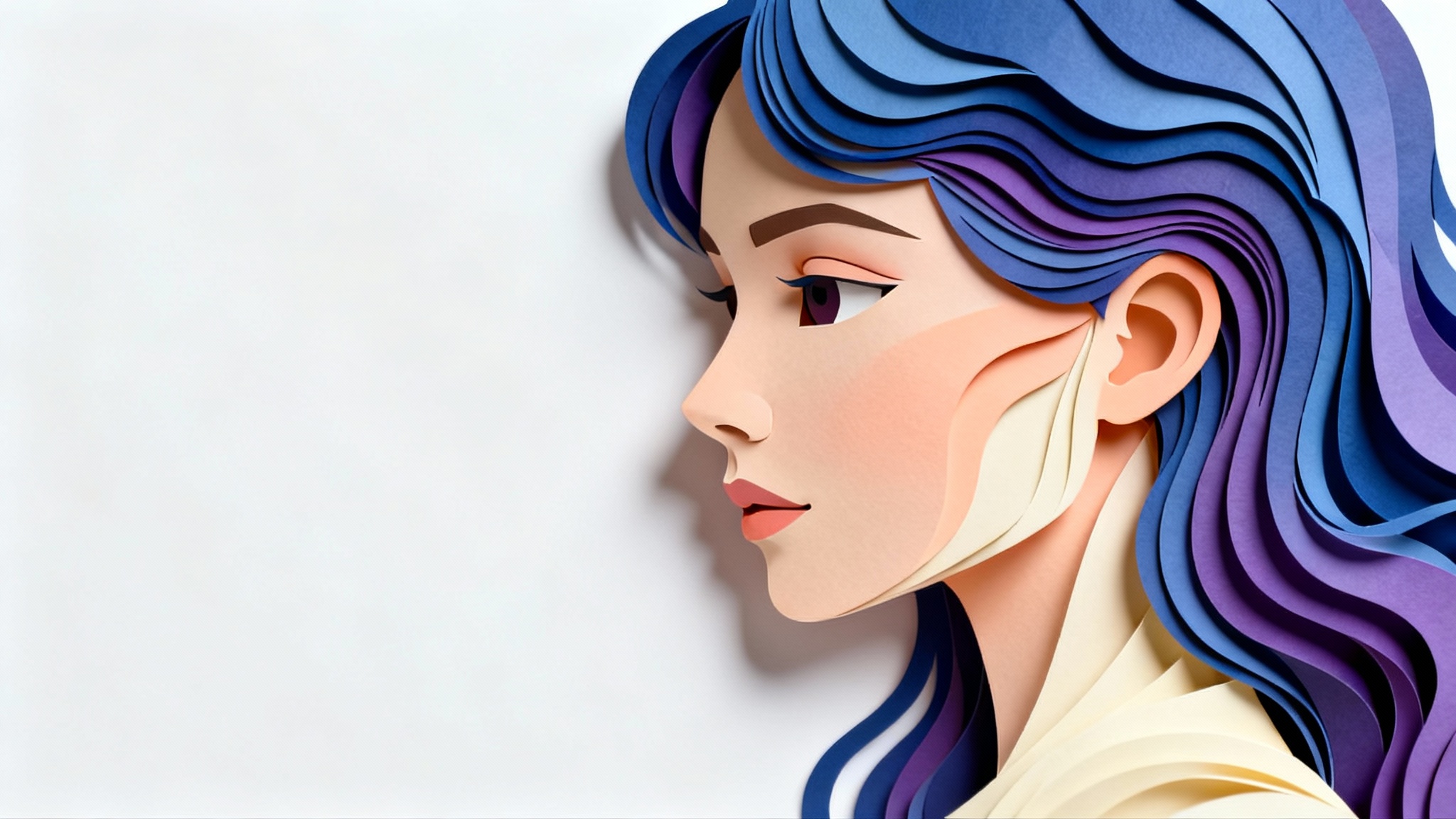 A whimsical and intricate paper cutout portrait of a woman in profile, featuring layers of colored paper to create a 3D effect, set against a plain white background.
