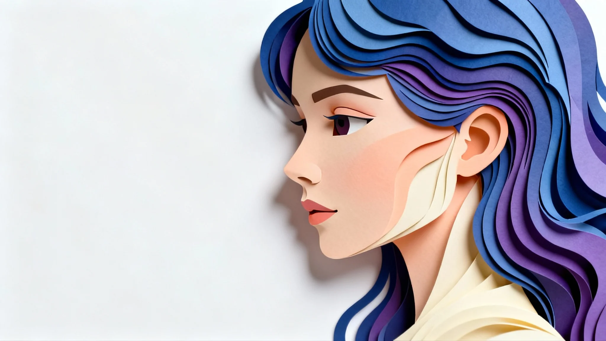 A whimsical and intricate paper cutout portrait of a woman in profile, featuring layers of colored paper to create a 3D effect, set against a plain white background.