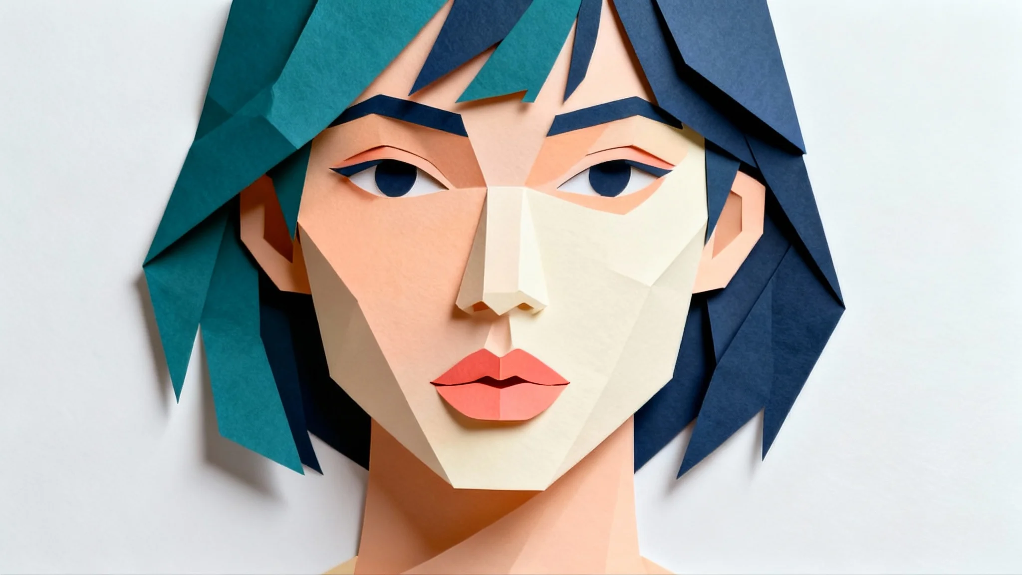 A modern paper cutout portrait of a woman's face, created with overlapping layers of teal, blue, and peach colored paper, casting subtle shadows on a clean white background.