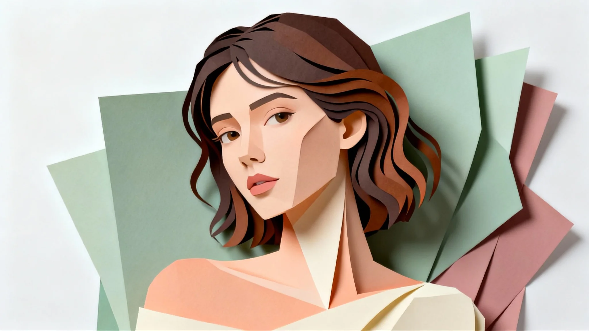 An intricate paper cutout portrait of a woman, showcasing layers of colored paper creating a 3D effect for her hair and facial features, set against a clean white background.