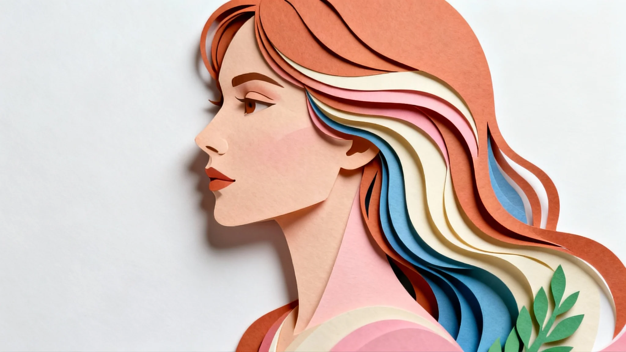 A detailed paper cutout portrait of a woman's profile, created with layers of colored paper in warm and cool tones, set against a plain white background.