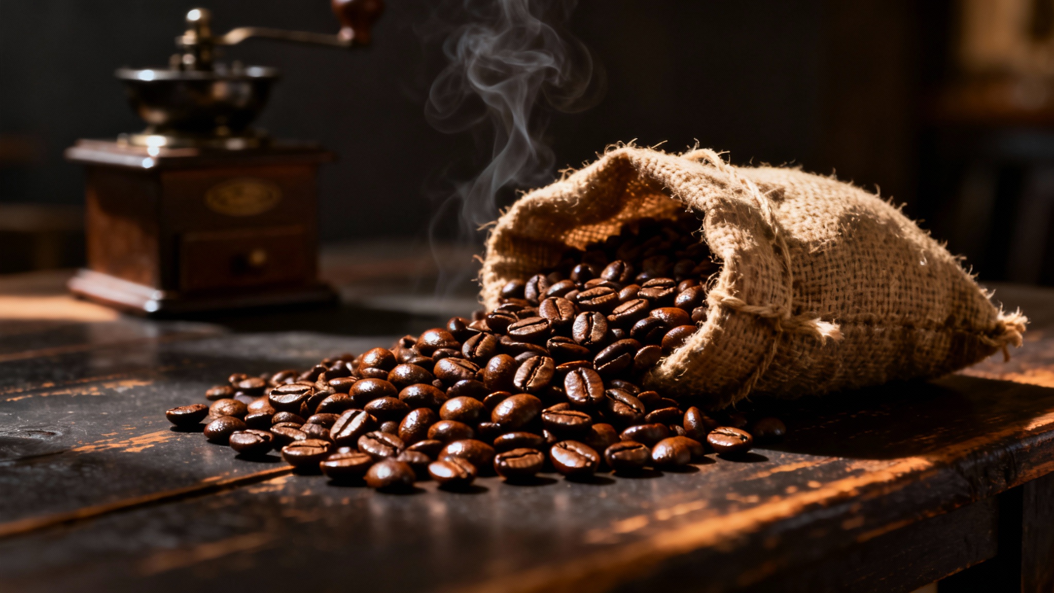 A professional, cinematic macro photograph of glossy, dark-roasted coffee beans spilling across a rustic wooden table, with dramatic lighting highlighting their texture.
